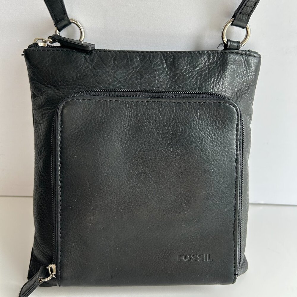 Fossil Morgan Traveler Black Pebbled Leather Organizer Crossbody Bag Unisex